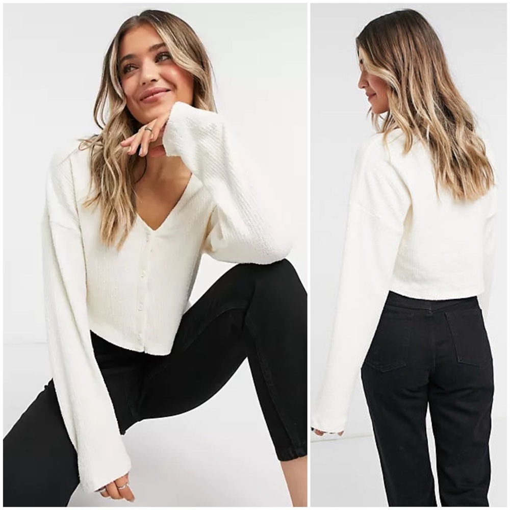 Topshop Fluffy Rib Cardigan in Ecru